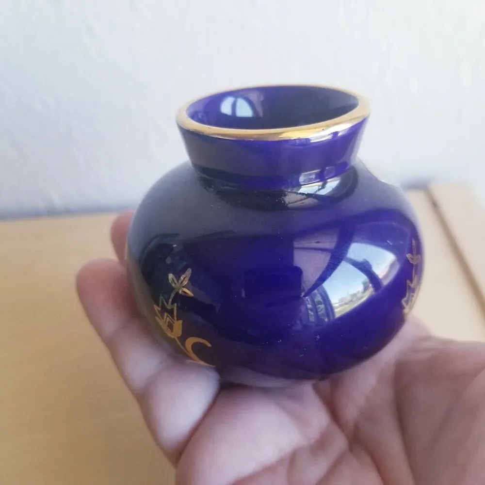 KHM Bavaria Echt Cobalt Vase With Gold Trim, Tiny Vase, Miniature Vase,